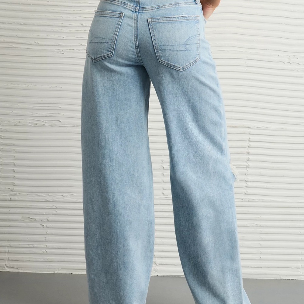 American Eagle Light Blue Ripped Wide Leg Dreamy Drapey Streach Baggy Jeans - Picture 5 of 7
